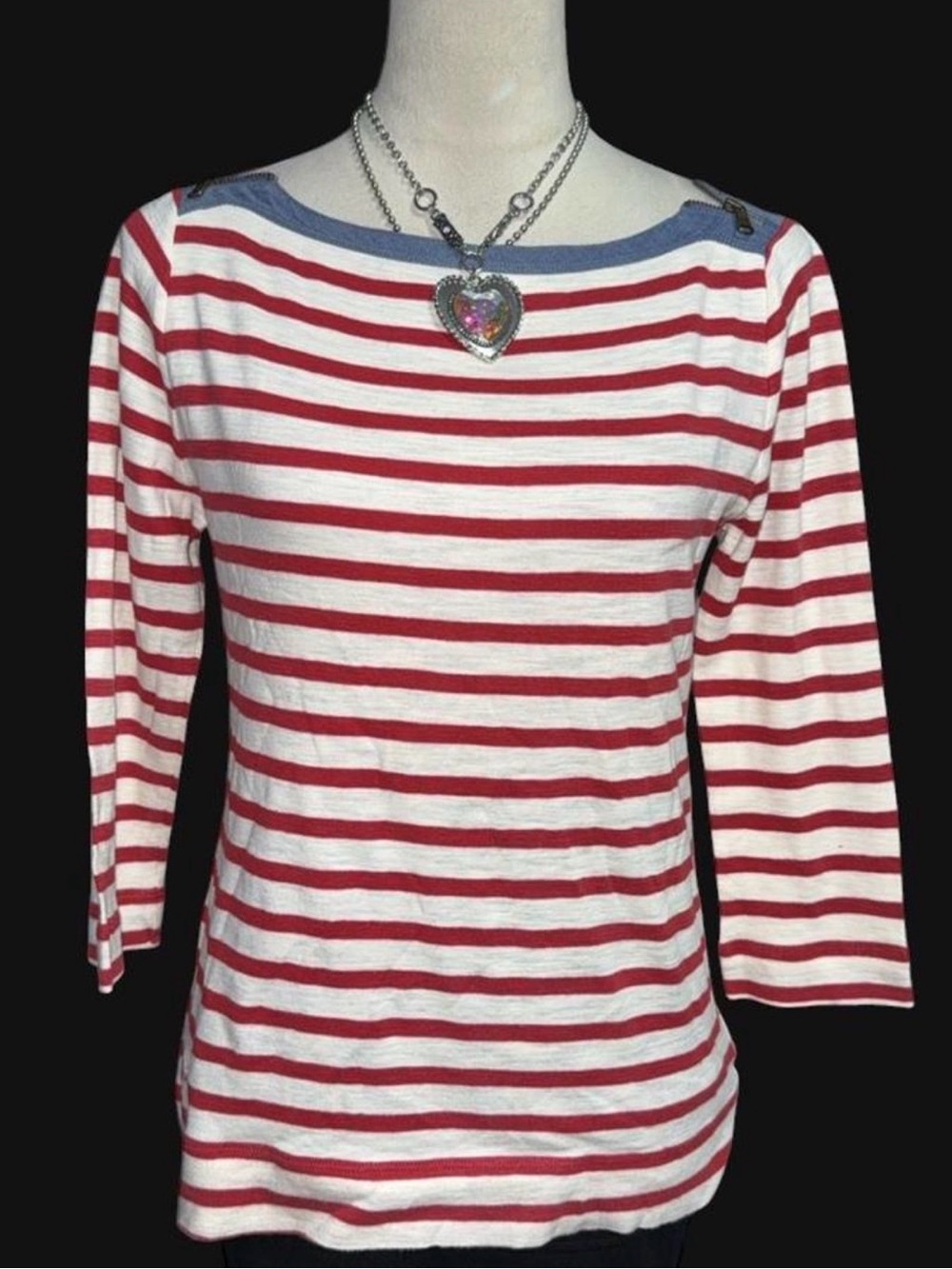 Ralph Lauren Red & White Striped Long Sleeve Boatneck Top